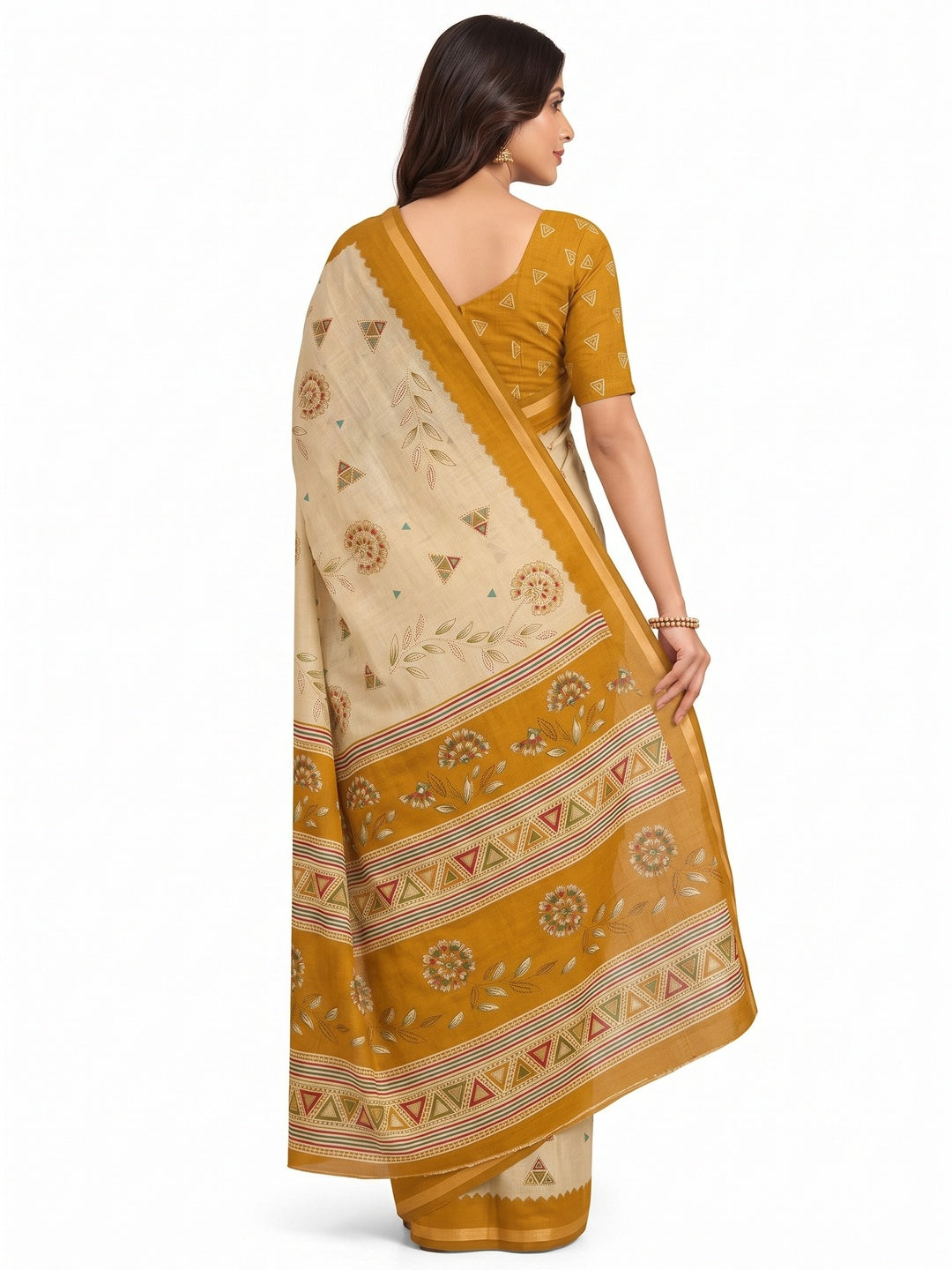 Peachmode Mustard Cotton Blend Floral Printed Saree - Image 5