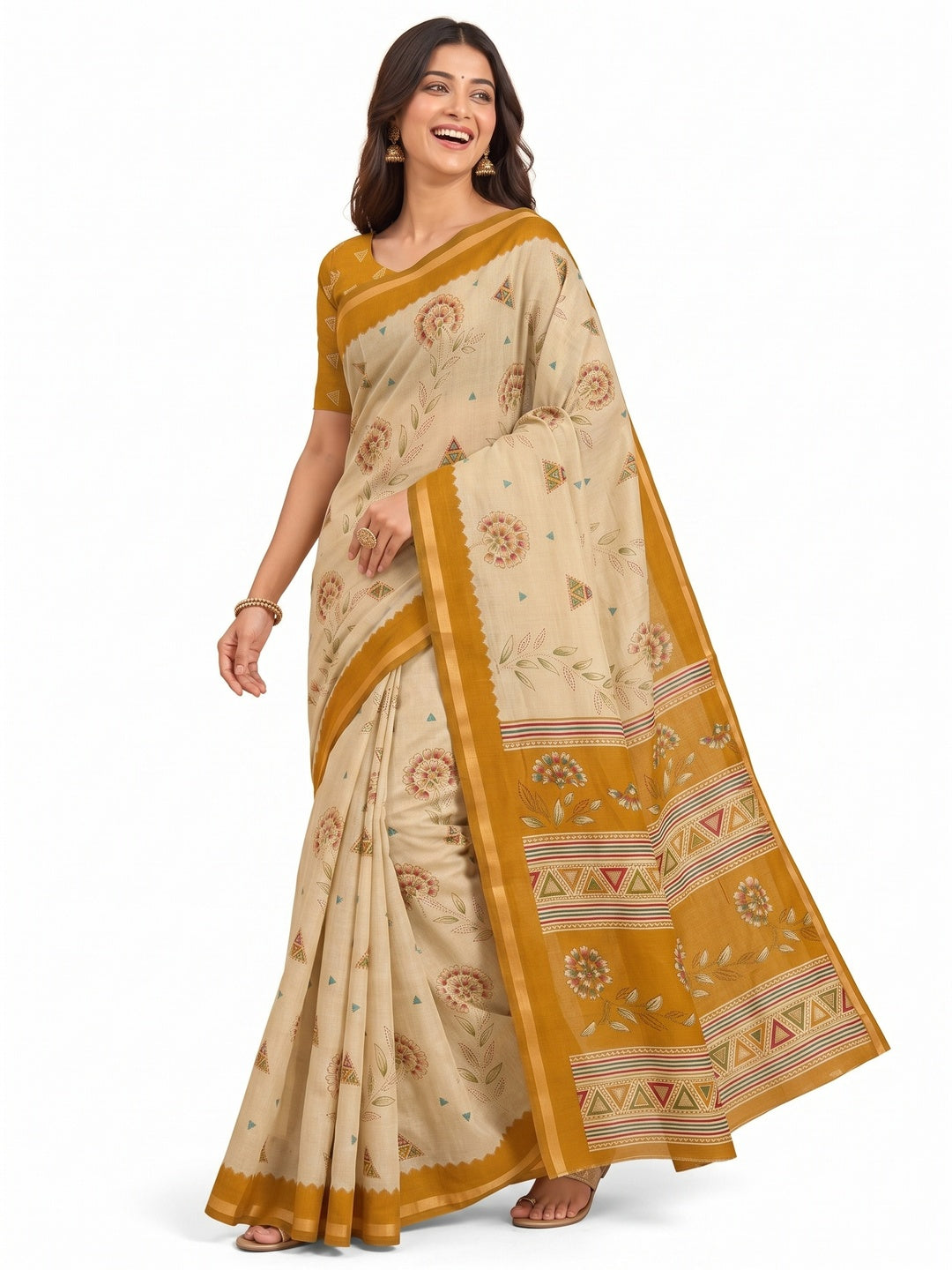Peachmode Mustard Cotton Blend Floral Printed Saree - Image 7
