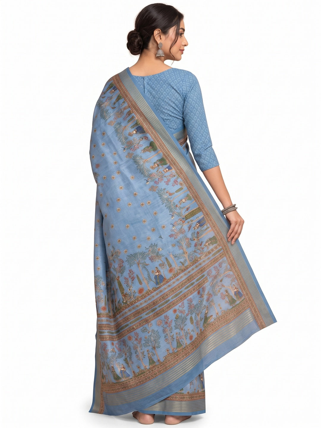 Peachmode Blue Cotton Silk Digital Printed Saree - Image 5