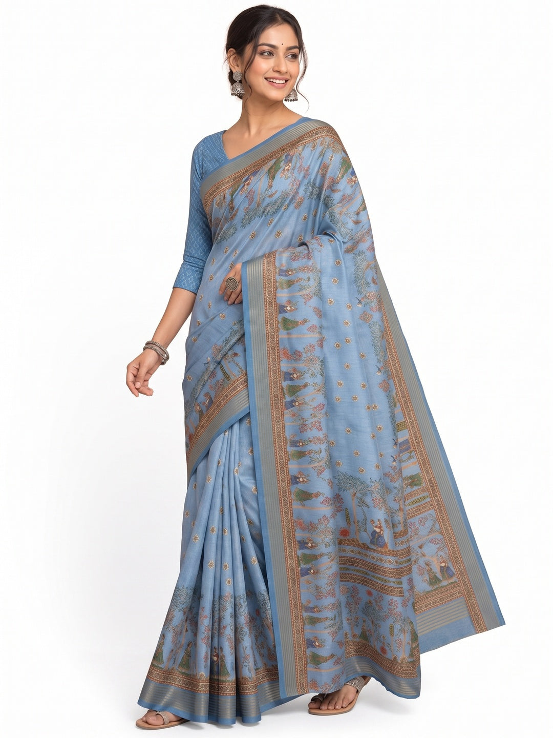 Peachmode Blue Cotton Silk Digital Printed Saree - Image 7