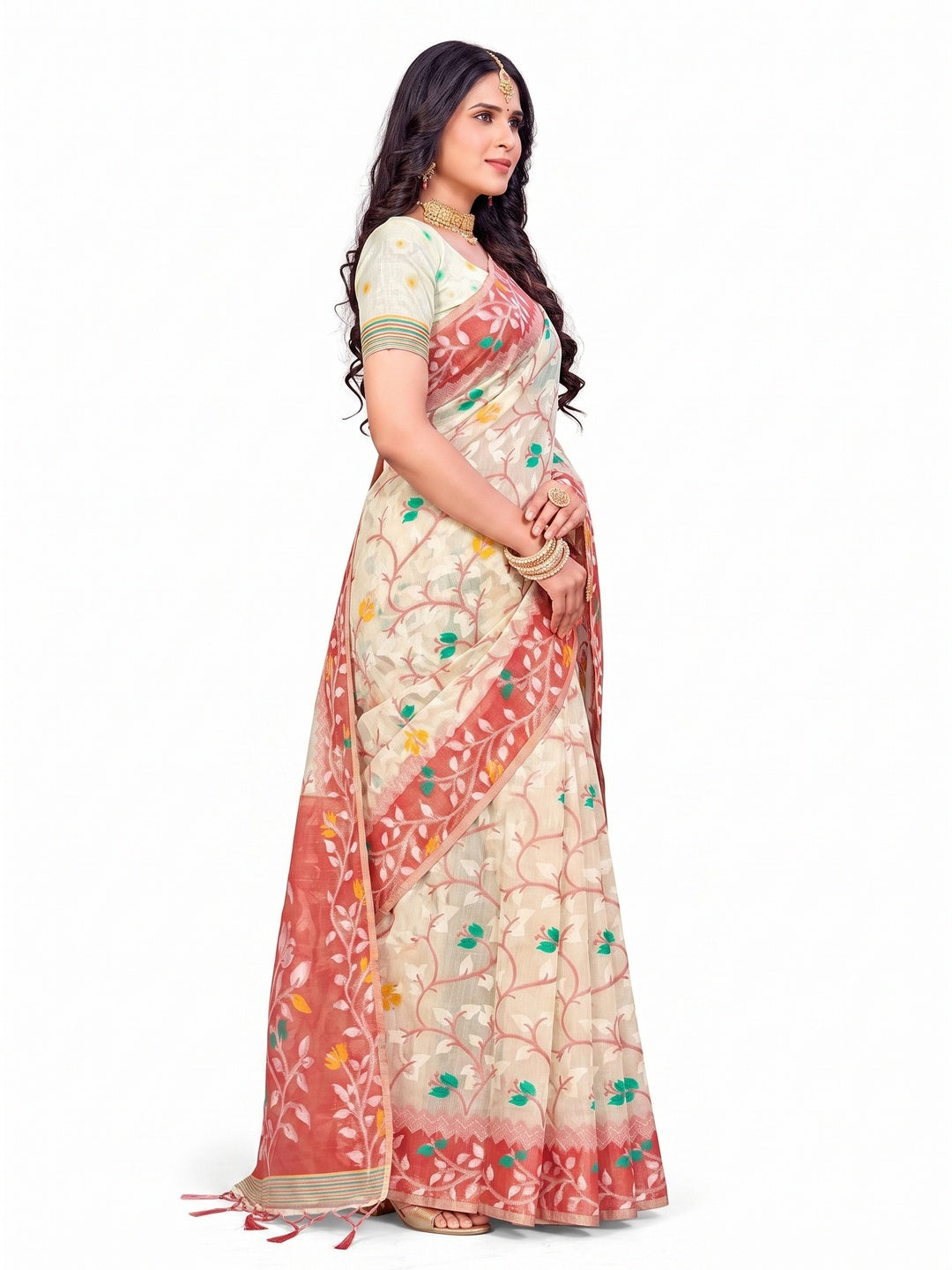 Peachmode Red Cotton Blend Saree - Image 6