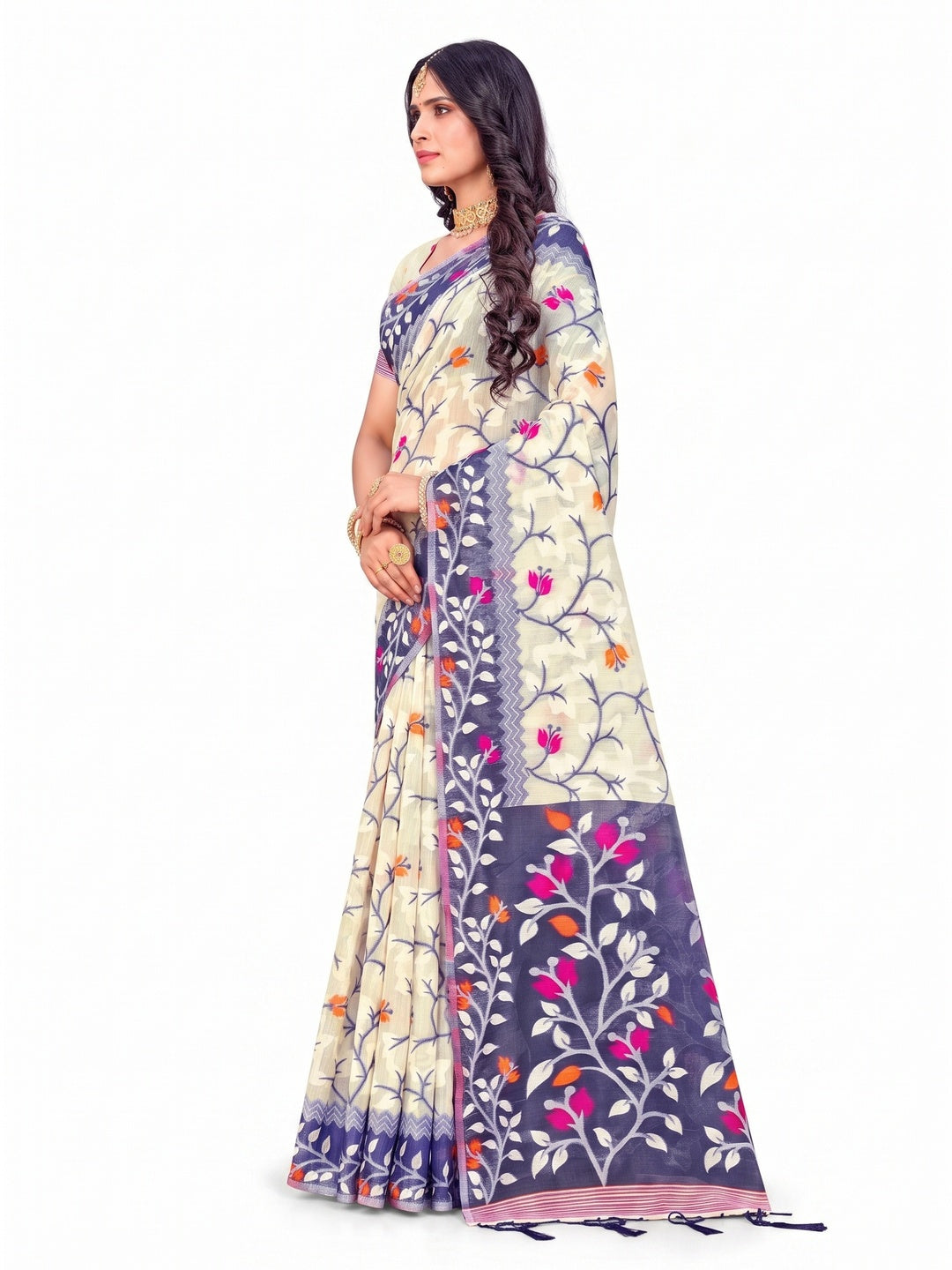 Peachmode Violet Cotton Blend Saree - Image 6