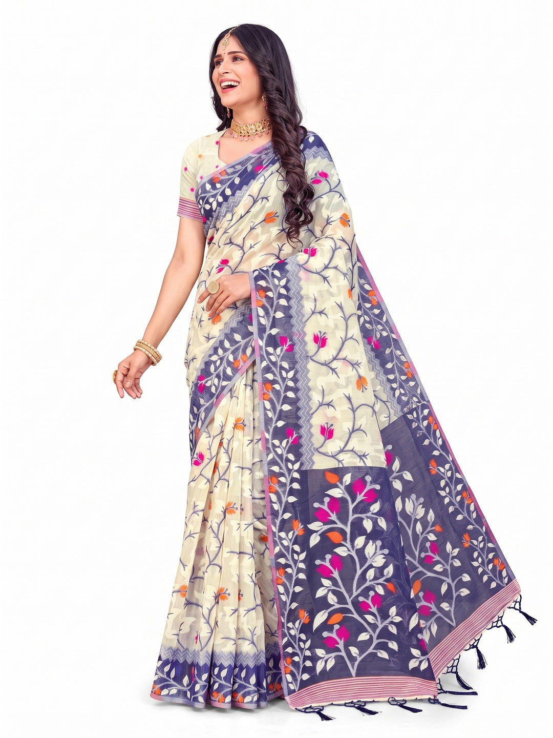 Peachmode Violet Cotton Blend Saree - Image 7