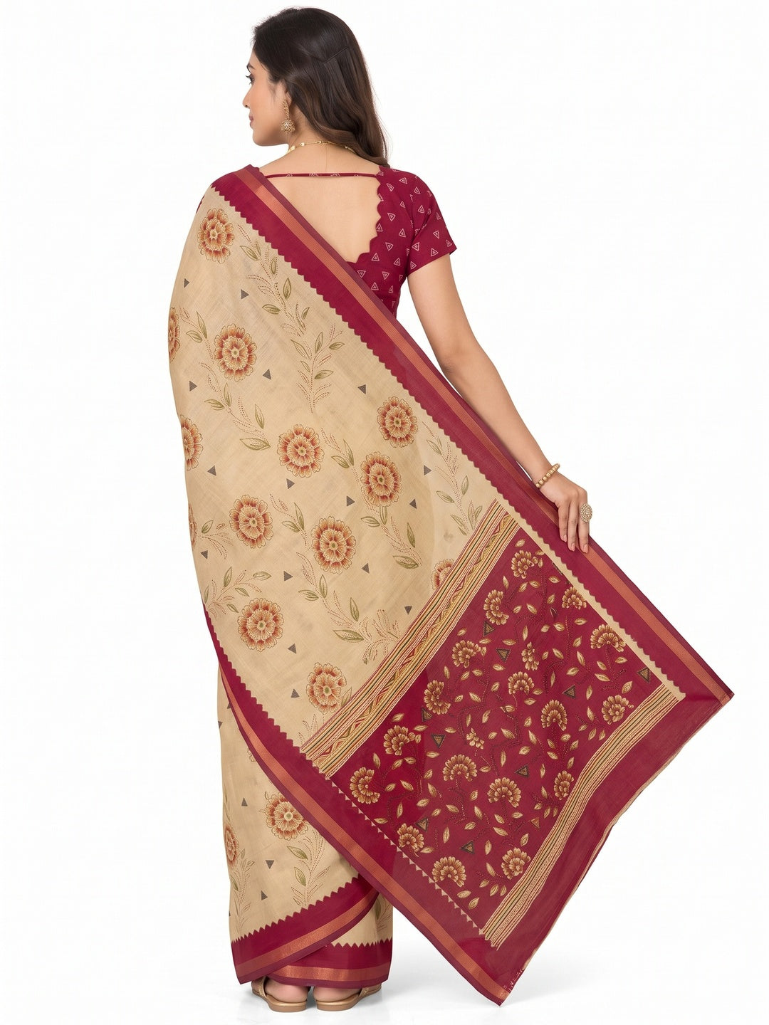 Peachmode Maroon Cotton Blend Floral Printed Saree - Image 5