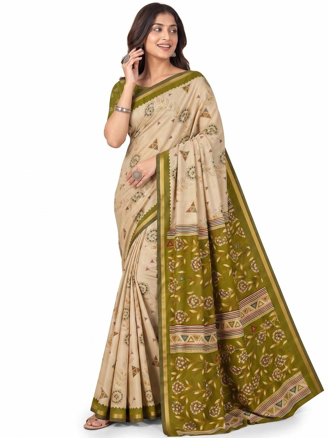 Peachmode Olive Cotton Blend Floral Printed Saree - Image 7