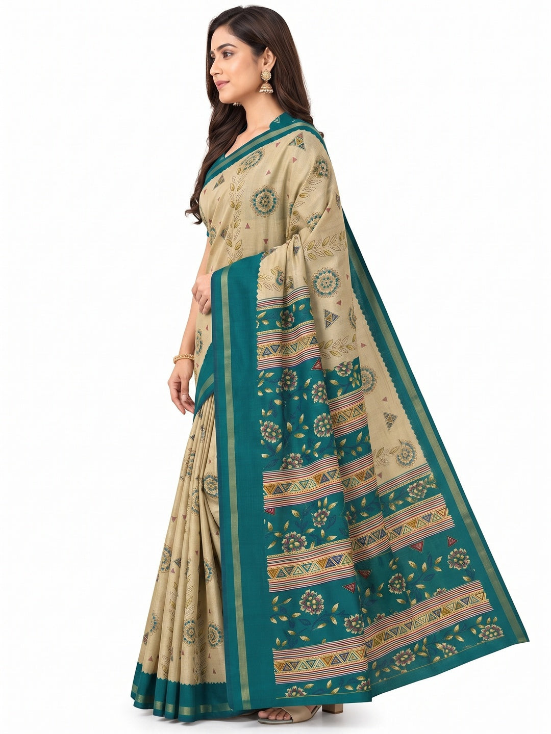 Peachmode Teal Cotton Blend Floral Printed Saree - Image 6