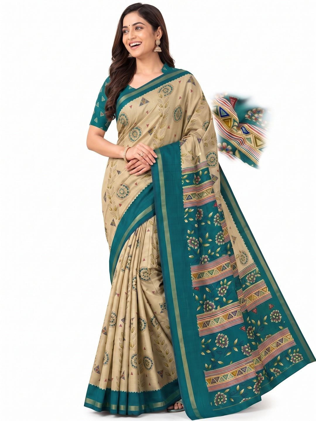 Peachmode Teal Cotton Blend Floral Printed Saree - Image 7