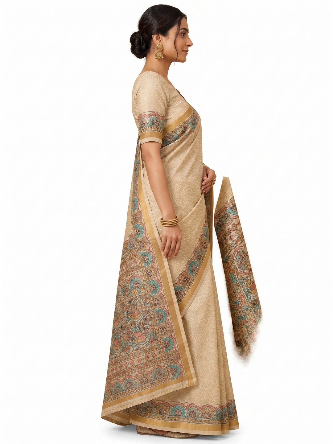 Peachmode Beige & Turquoise Art Silk Digital Printed Saree - Image 6