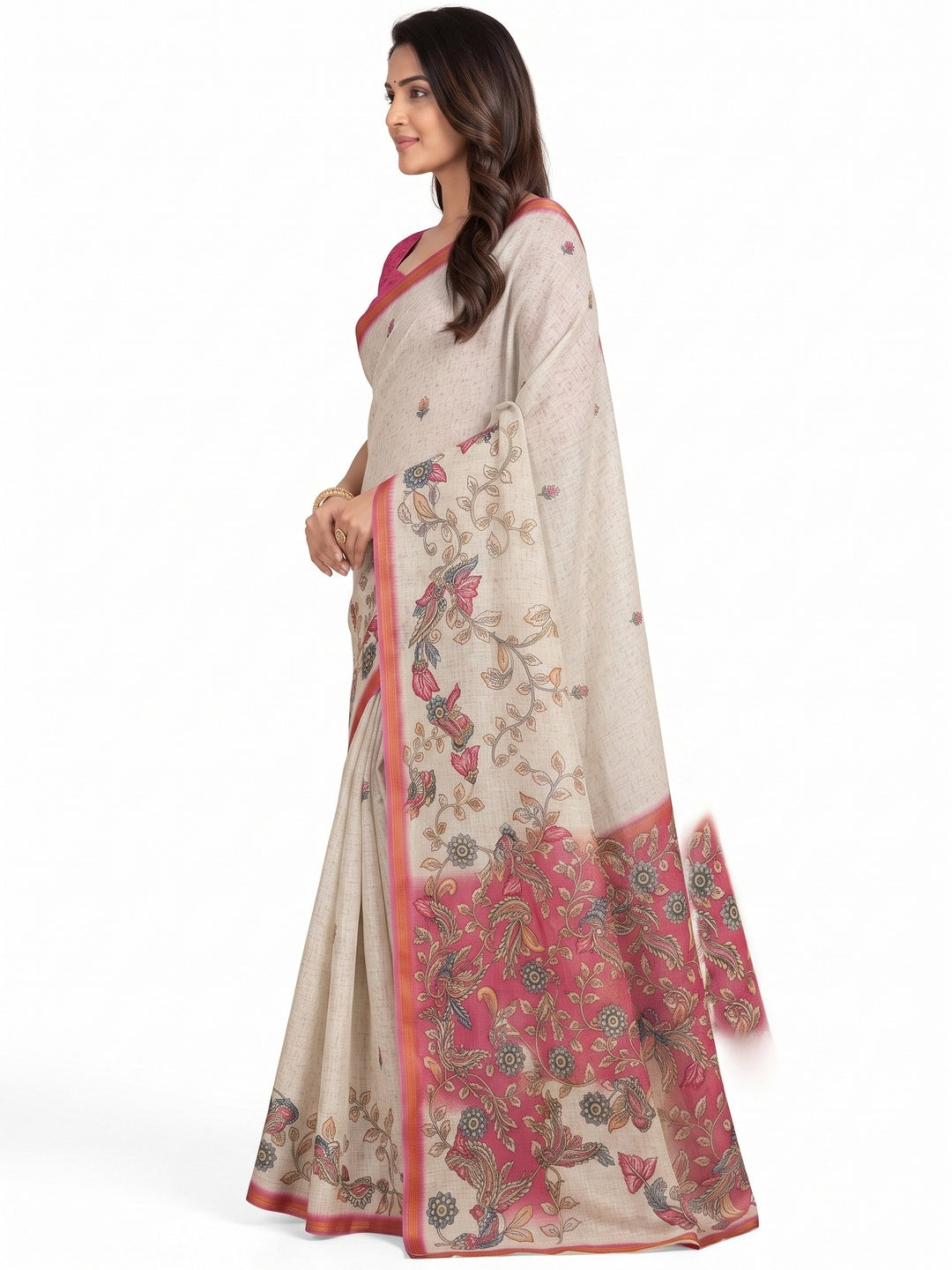 Peachmode Pink Linen Cotton Digital Printed Saree - Image 6