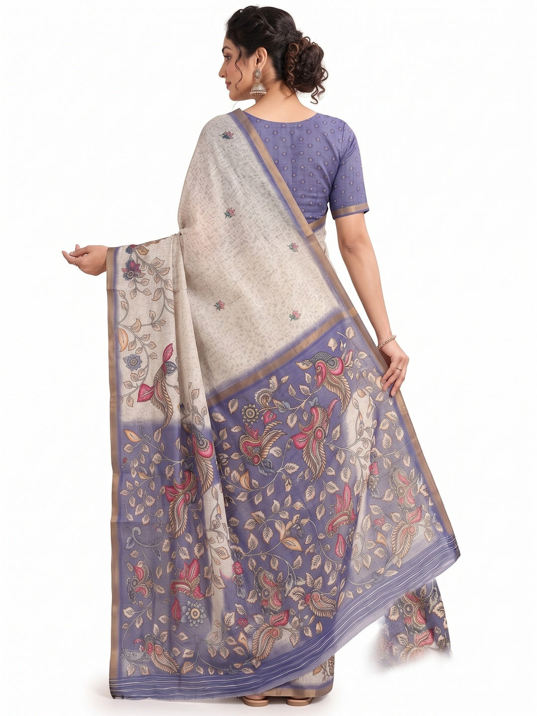 Peachmode Blue Linen Cotton Digital Printed Saree - Image 5