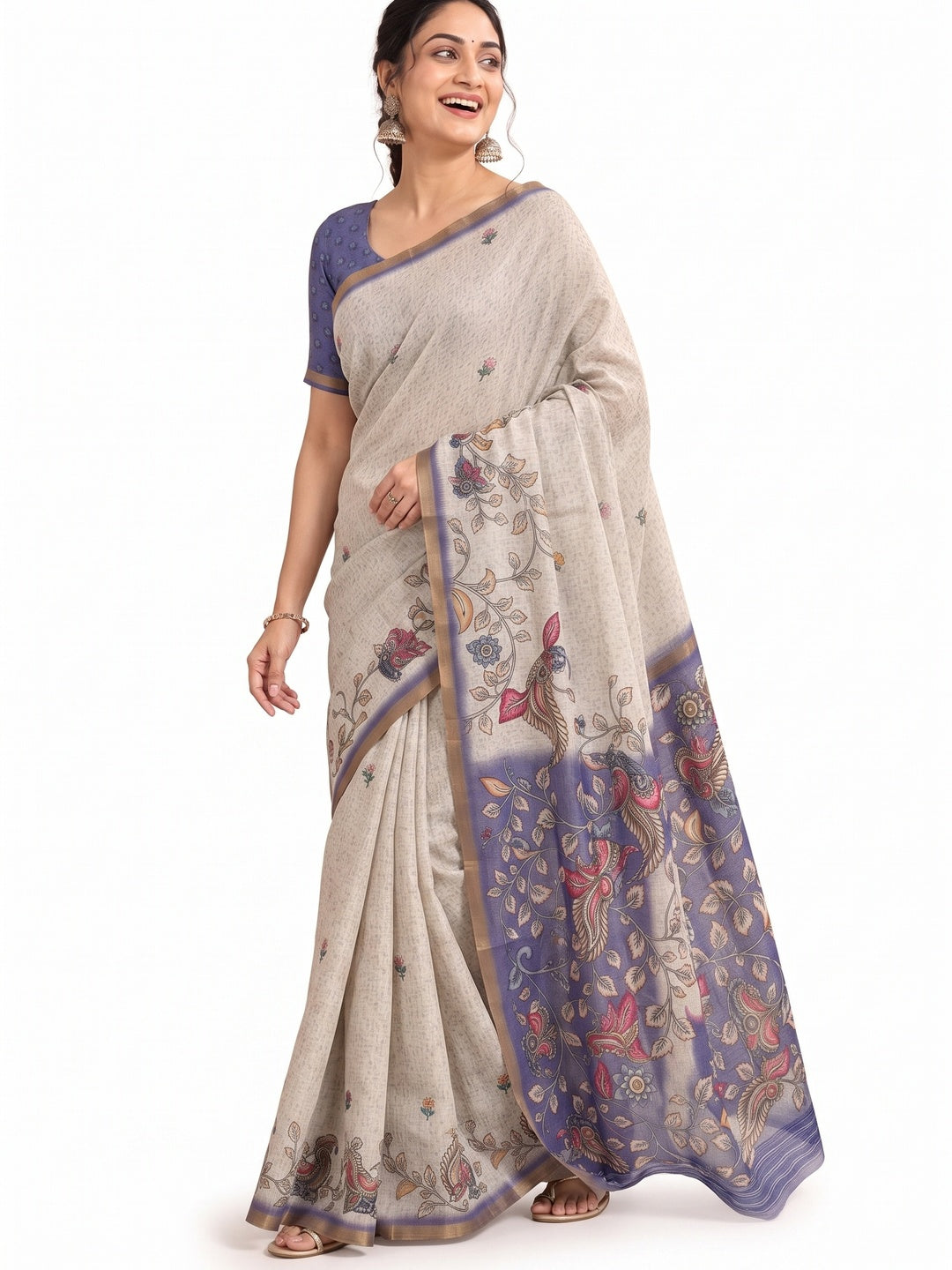 Peachmode Blue Linen Cotton Digital Printed Saree - Image 7