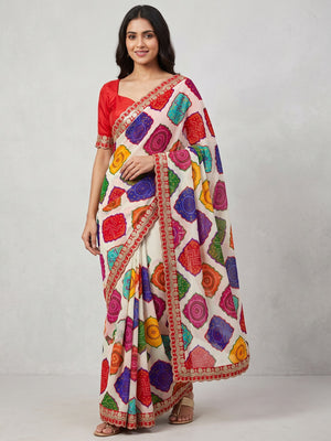 Offwhite Bandhani Printed Georgette Saree With Sequins Embroidered Border - Image 1