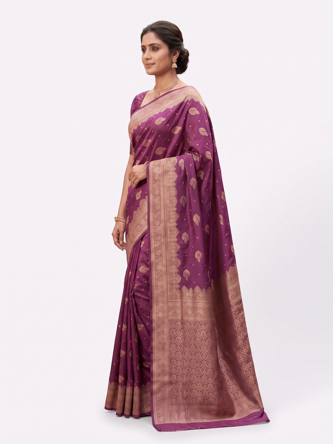Peachmode Wine Banarasi Silk Zari Weaving Saree - Image 6