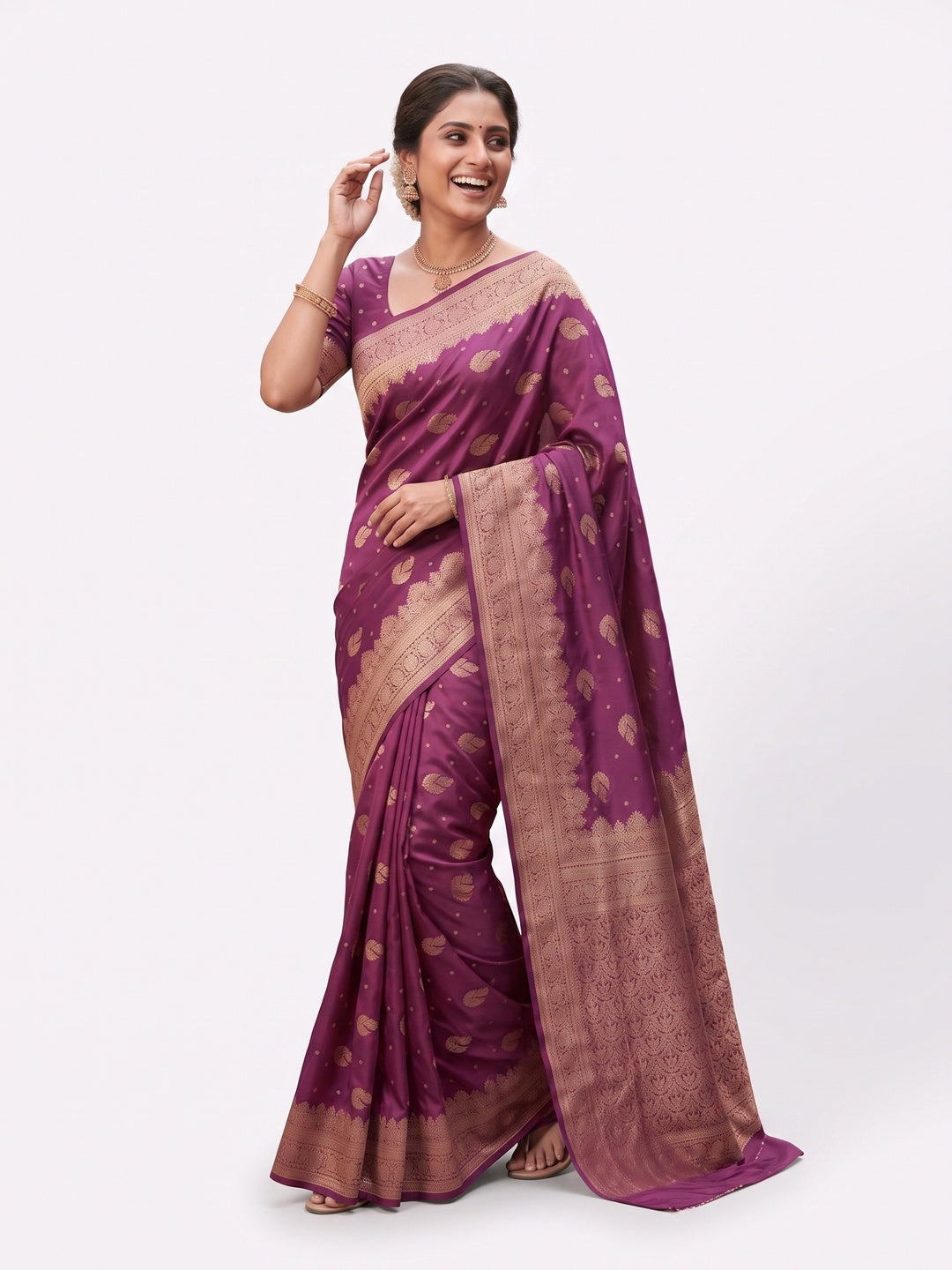 Peachmode Wine Banarasi Silk Zari Weaving Saree - Image 7