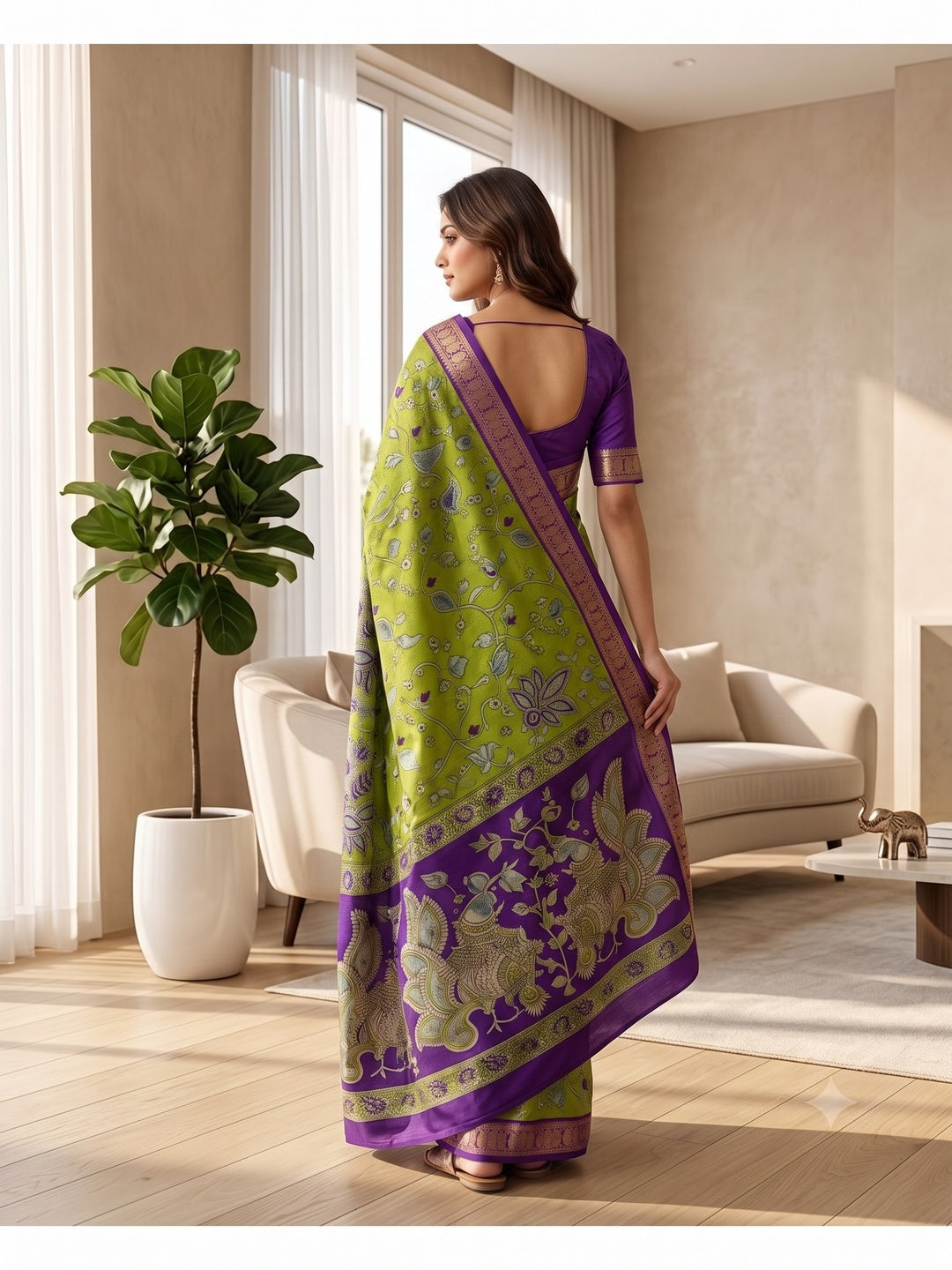 Peachmode Green Dola Silk Kalamkari Printed Saree - Image 5