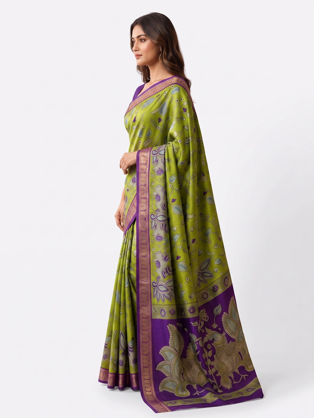 Peachmode Green Dola Silk Kalamkari Printed Saree - Image 6