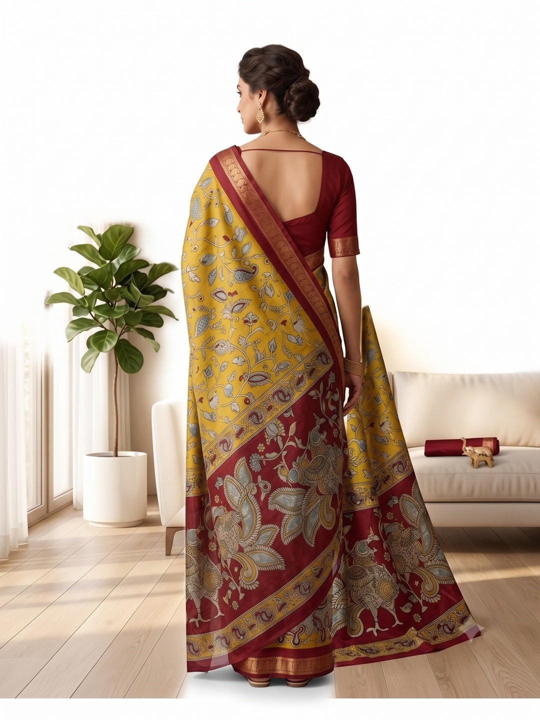 Peachmode Yellow Dola Silk Kalamkari Printed Saree - Image 5