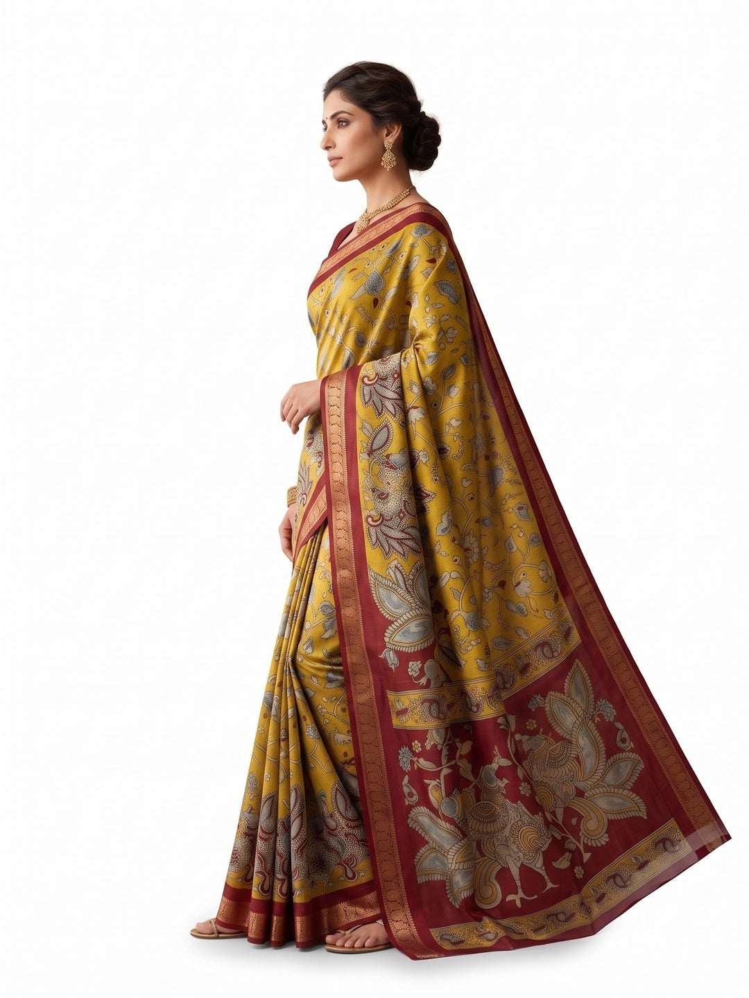 Peachmode Yellow Dola Silk Kalamkari Printed Saree - Image 6