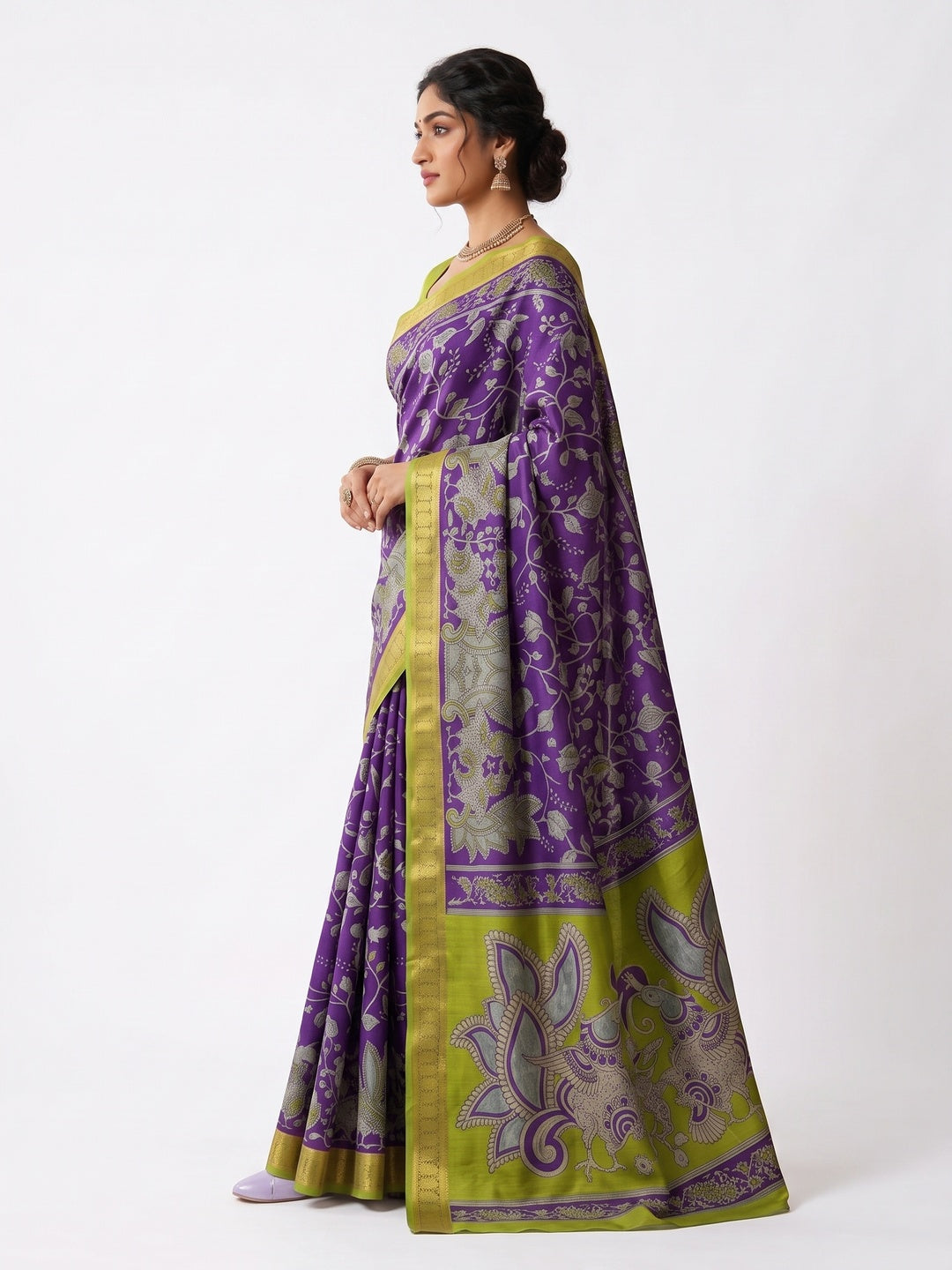Peachmode Purple Dola Silk Kalamkari Printed Saree - Image 6