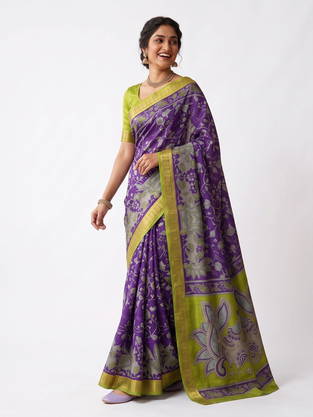 Peachmode Purple Dola Silk Kalamkari Printed Saree - Image 7