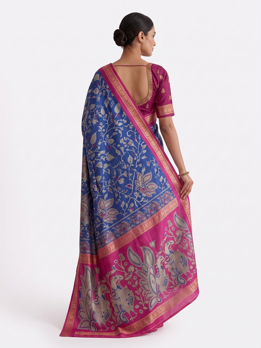 Peachmode Blue Dola Silk Kalamkari Printed Saree - Image 5