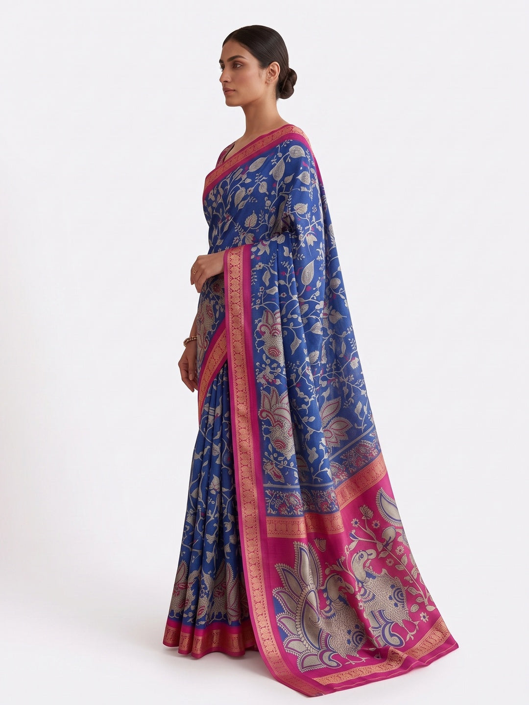 Peachmode Blue Dola Silk Kalamkari Printed Saree - Image 6