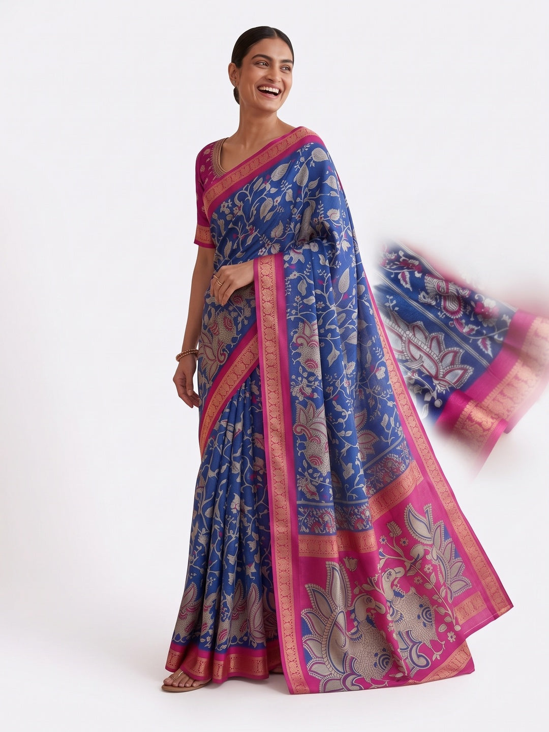 Peachmode Blue Dola Silk Kalamkari Printed Saree - Image 7