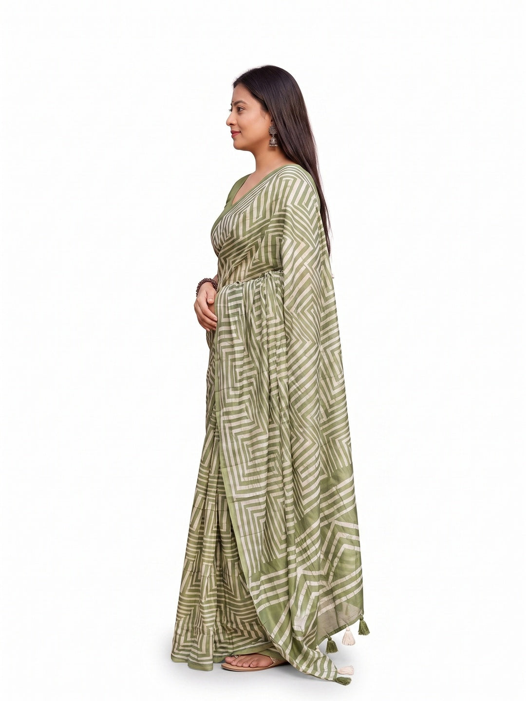 Peachmode Mehendi Linen Cotton Floral Printed Saree - Image 5