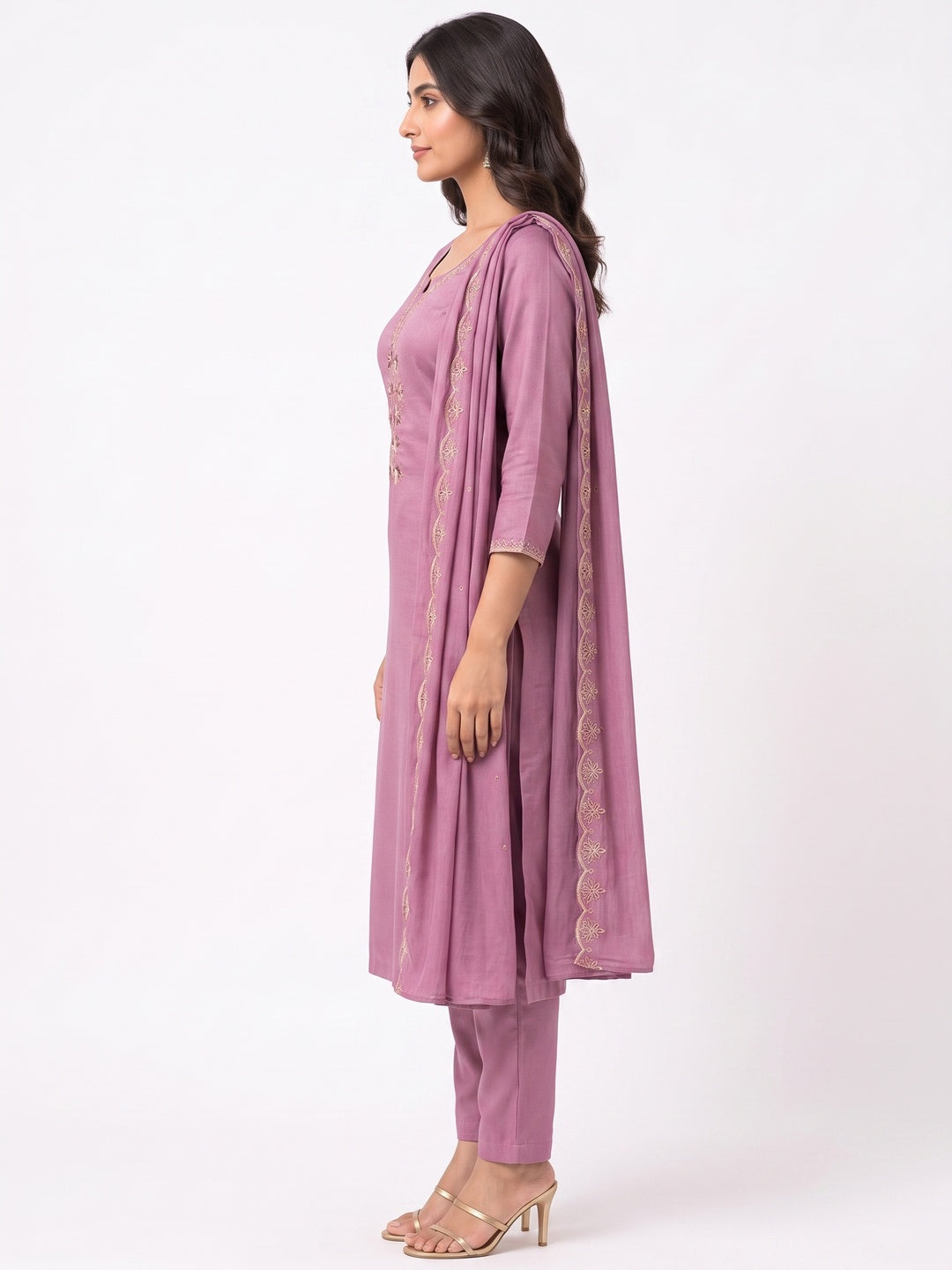 Peachmode Pink Satin Dress Material with Floral Embroidery - Image 5