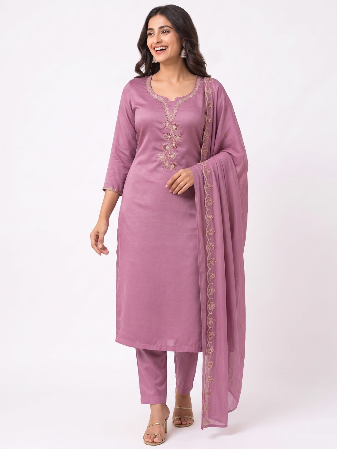 Peachmode Pink Satin Dress Material with Floral Embroidery - Image 6