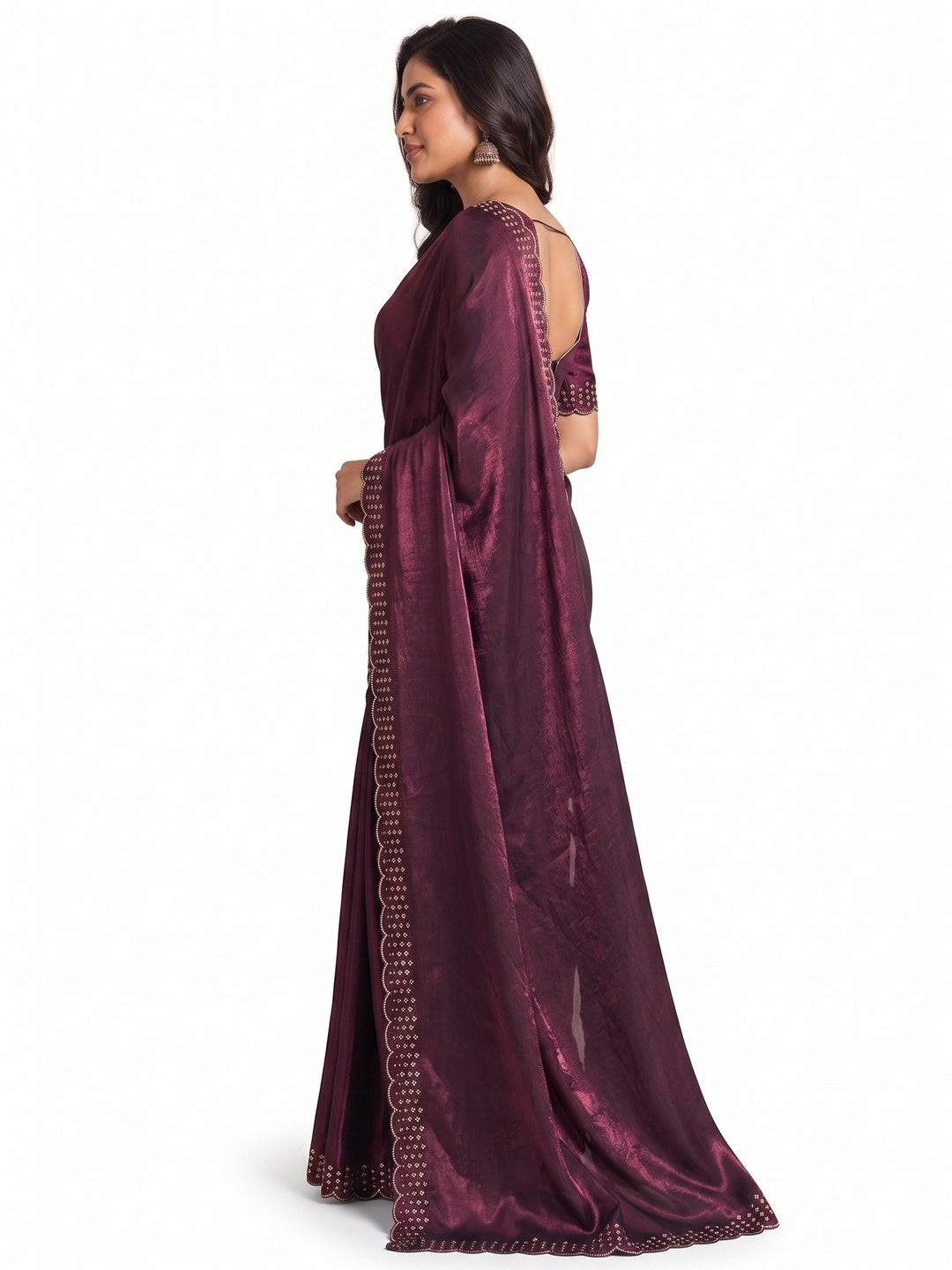 Peachmode Wine Fandy Satin Saree with Scalloped Cutwork Border - Image 6