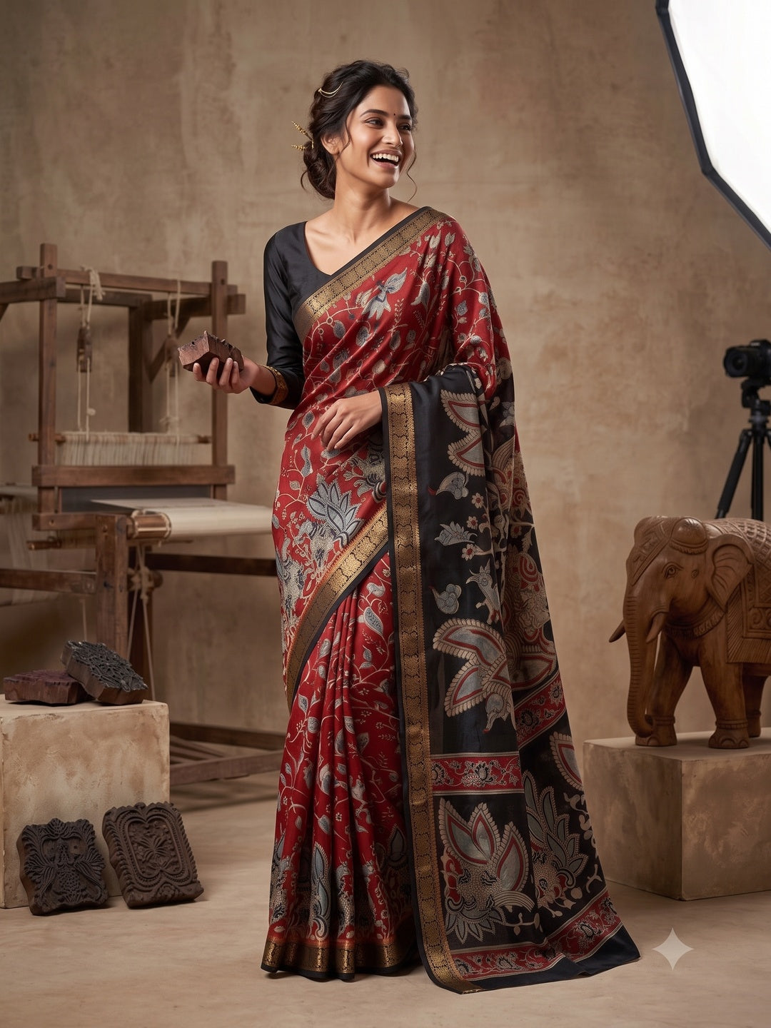 Peachmode Red Dola Silk Kalamkari Printed Saree - Image 7