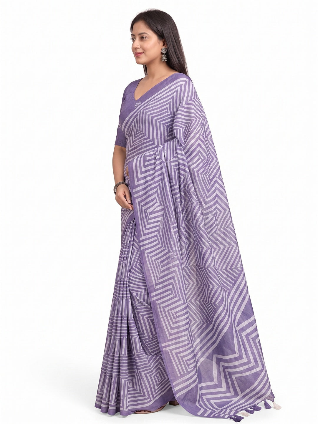 Peachmode Lavender Linen Cotton Floral Printed Saree - Image 5