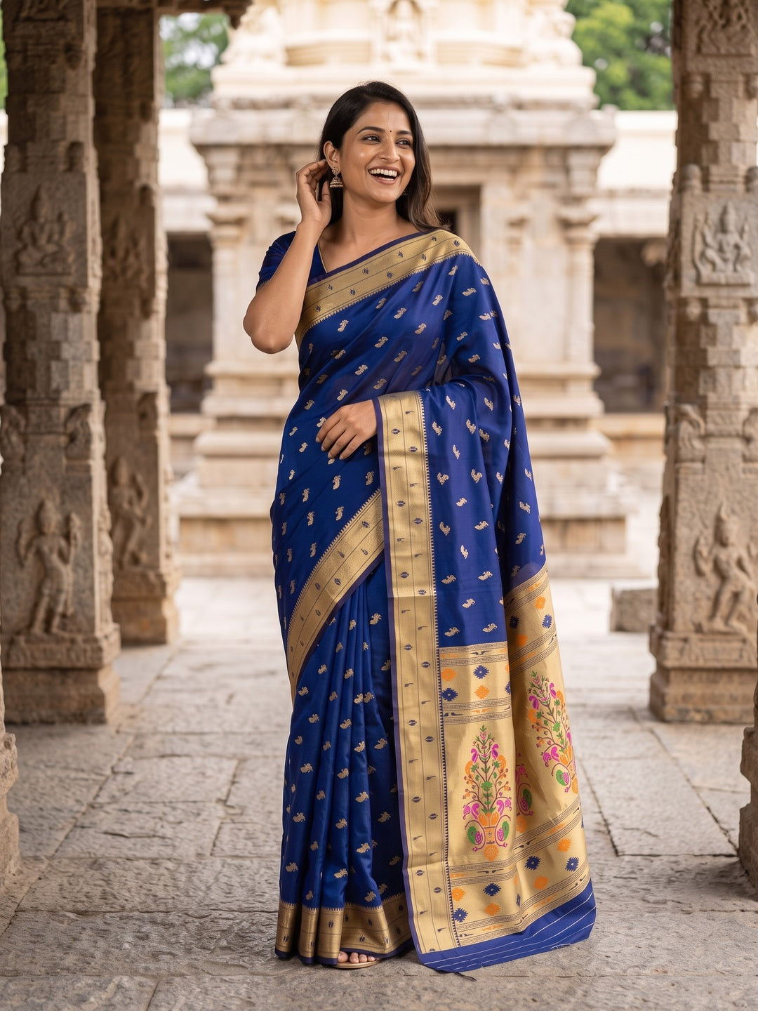 Peachmode Blue Paithani Silk Zari Meenakari Saree - Image 7