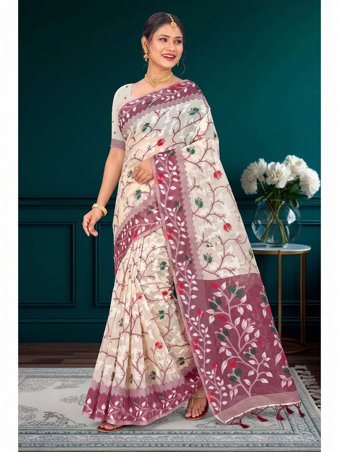Peachmode Purple Cotton Blend Kashish Saree - Image 7