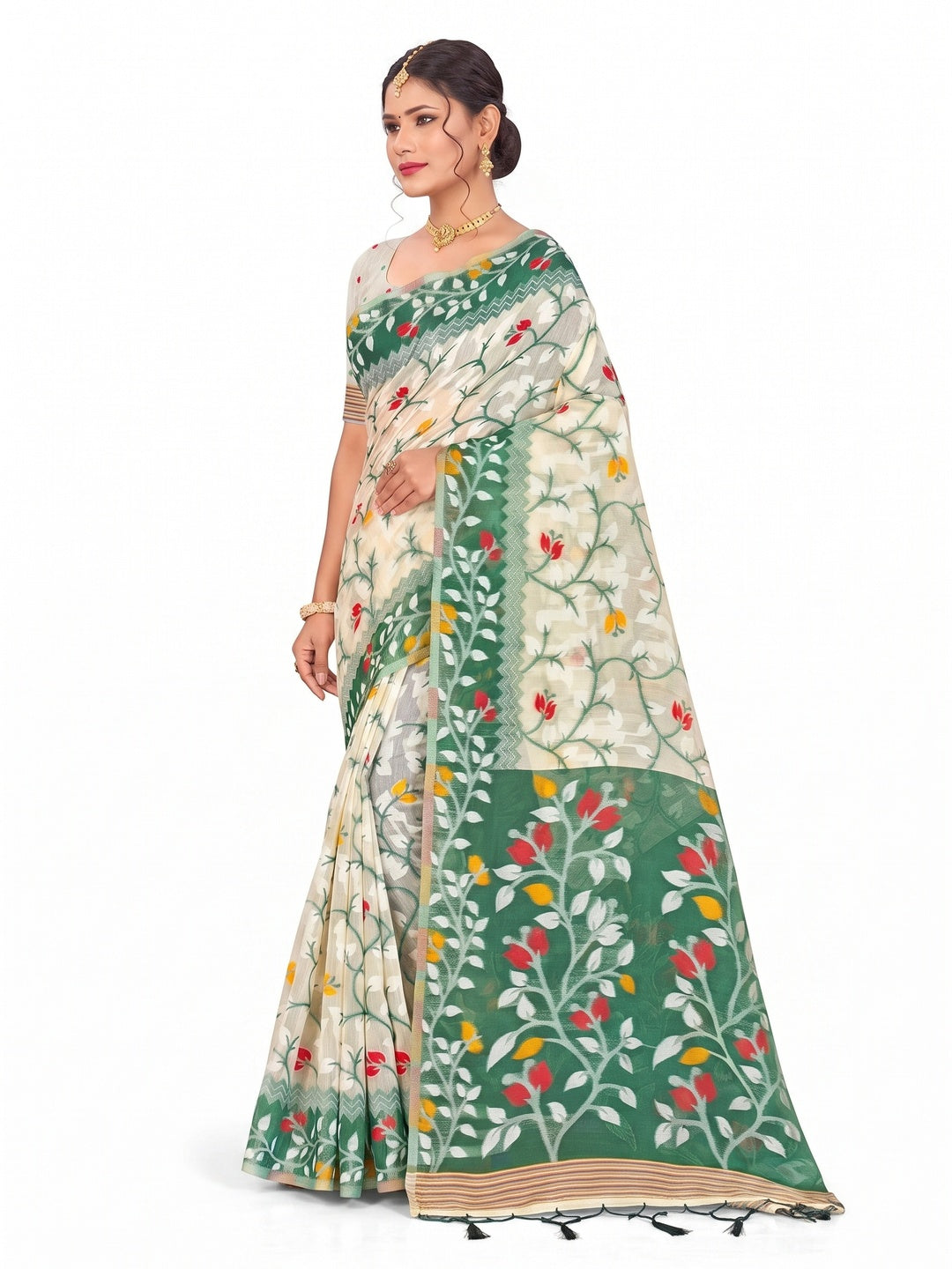 Peachmode Green Cotton Blend Kashish Saree - Image 6