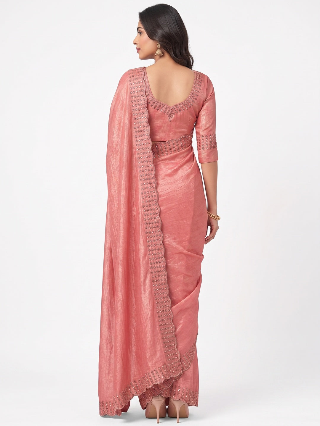 Peachmode Peach Fandy Satin Saree with Scalloped Cutwork Border - Image 5