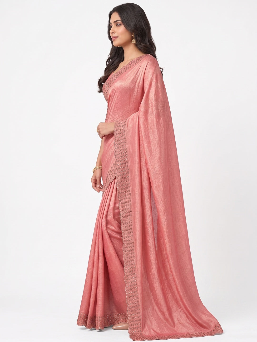 Peachmode Peach Fandy Satin Saree with Scalloped Cutwork Border - Image 6