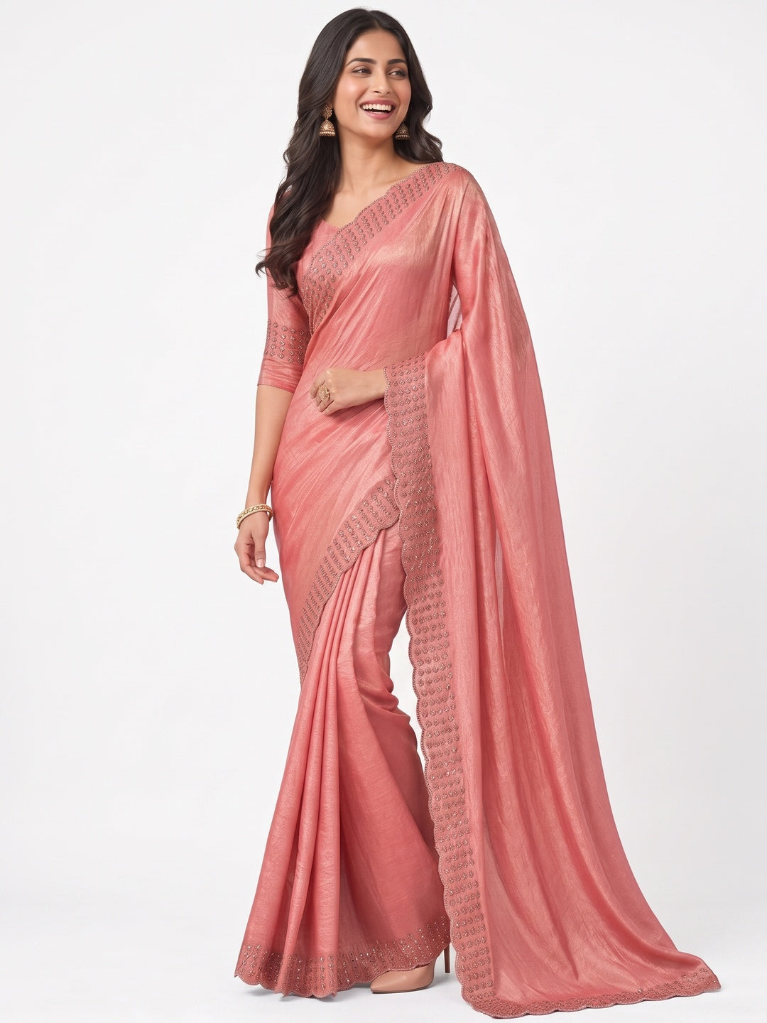 Peachmode Peach Fandy Satin Saree with Scalloped Cutwork Border - Image 7