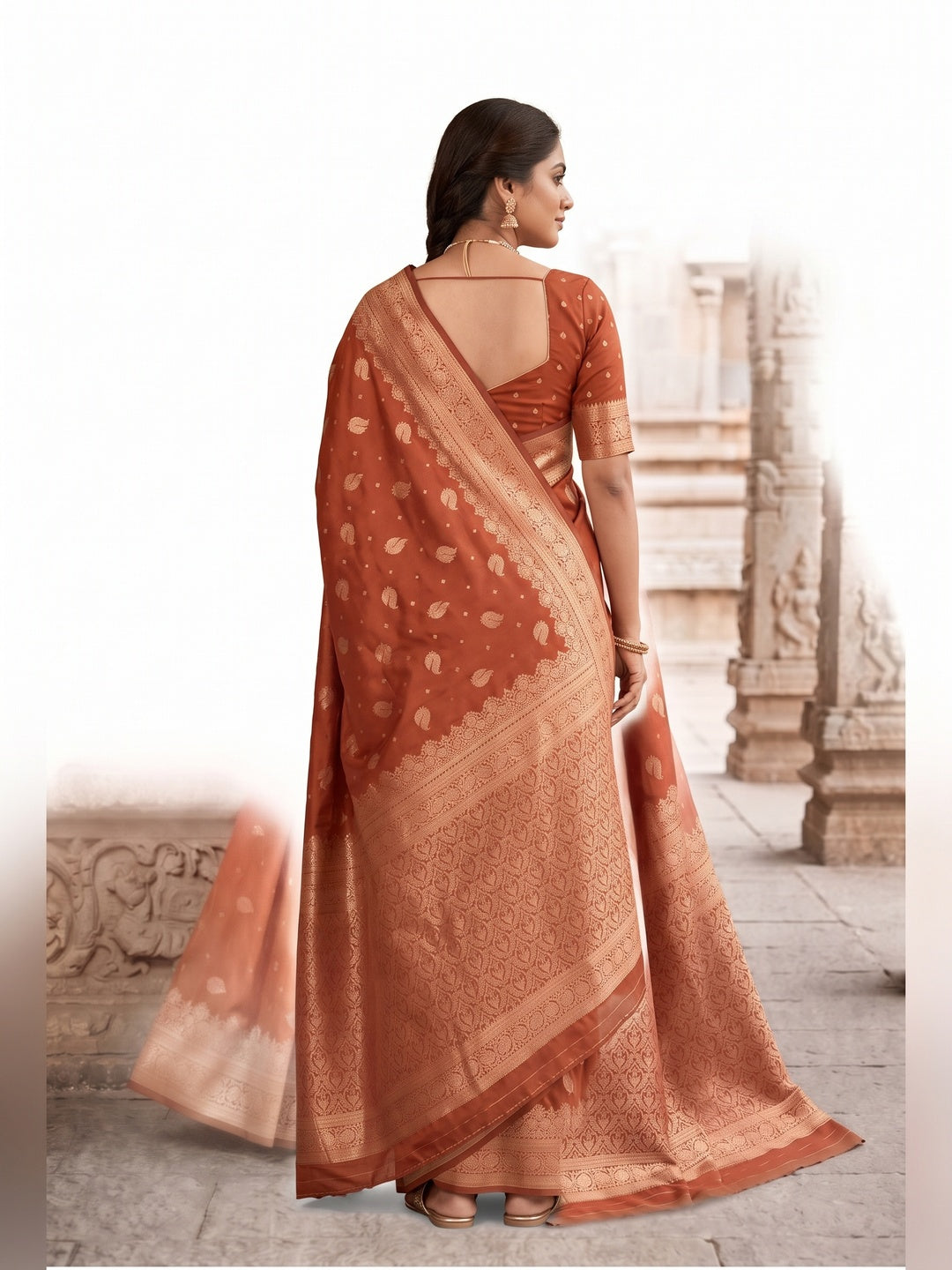 Peachmode Rust Banarasi Silk Zari Weaving Saree - Image 5