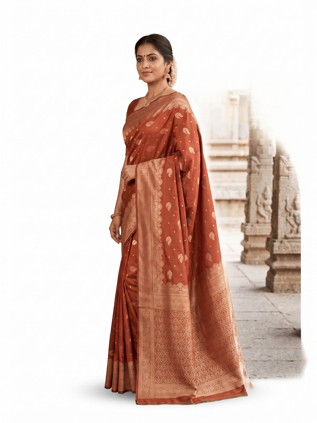 Peachmode Rust Banarasi Silk Zari Weaving Saree - Image 6