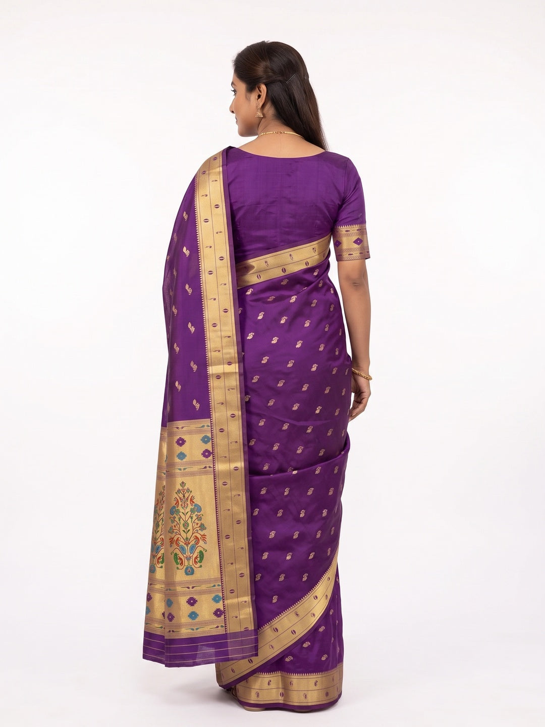 Peachmode Purple Paithani Silk Zari Meenakari Saree - Image 5