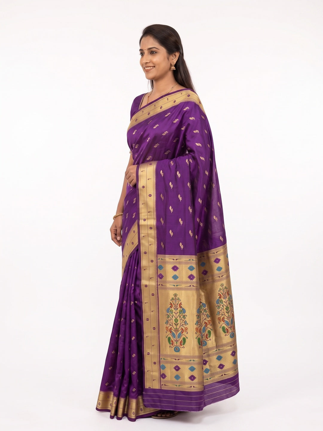Peachmode Purple Paithani Silk Zari Meenakari Saree - Image 6