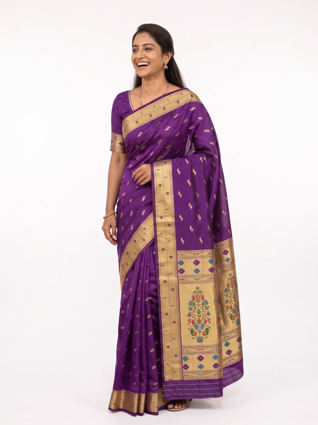 Peachmode Purple Paithani Silk Zari Meenakari Saree - Image 7