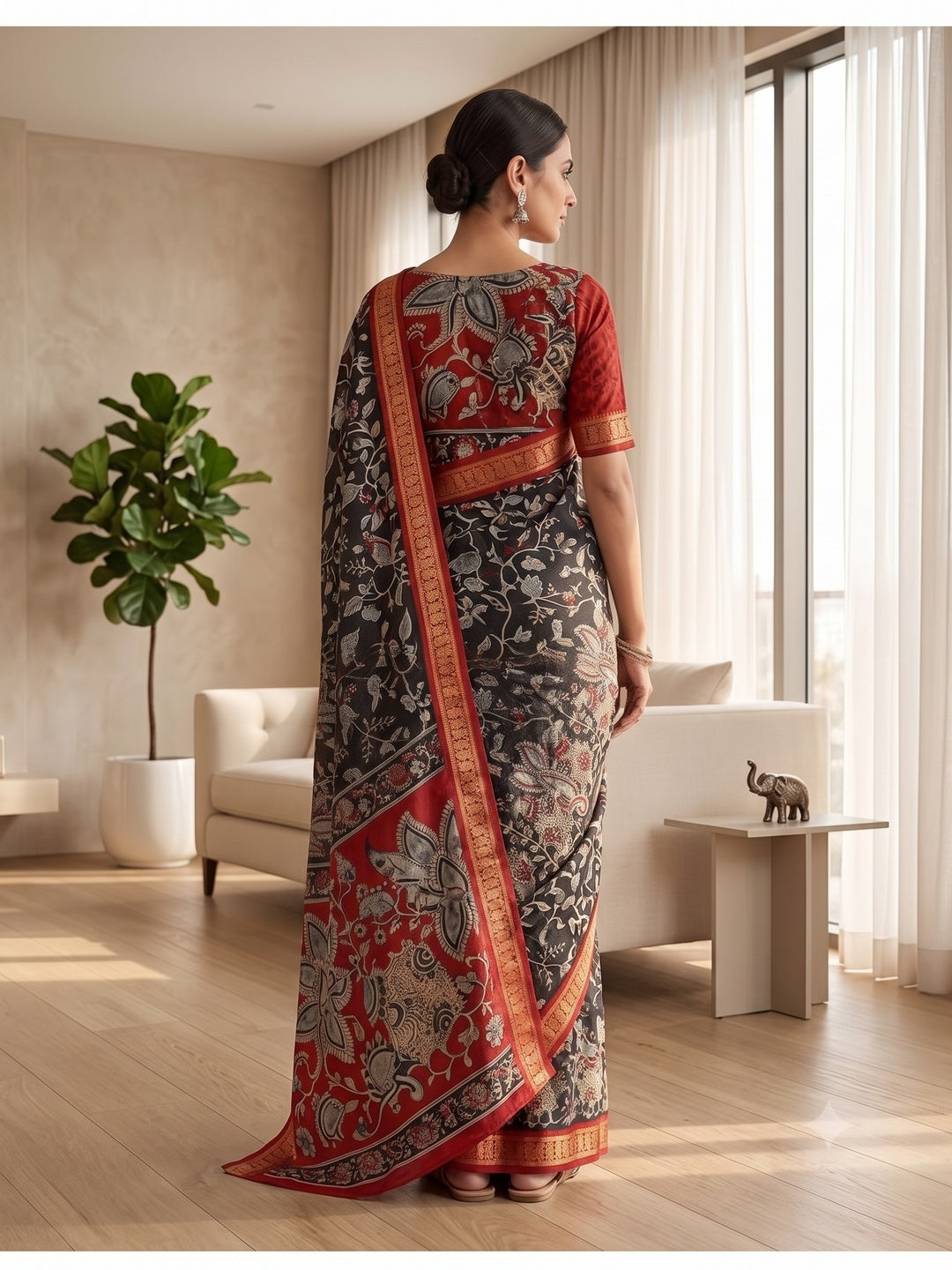 Peachmode Black Dola Silk Kalamkari Printed Saree - Image 5