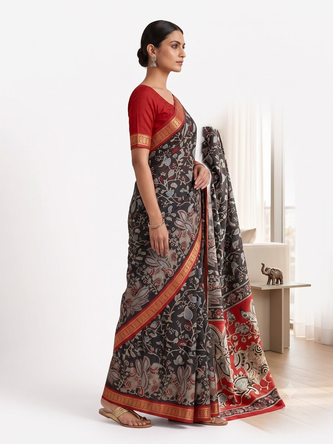 Peachmode Black Dola Silk Kalamkari Printed Saree - Image 6