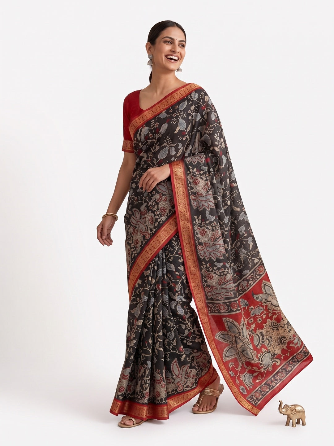 Peachmode Black Dola Silk Kalamkari Printed Saree - Image 7