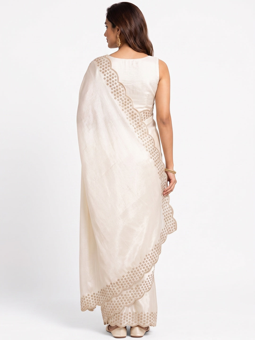 Peachmode Cream Fandy Satin Saree with Scalloped Cutwork Border - Image 5