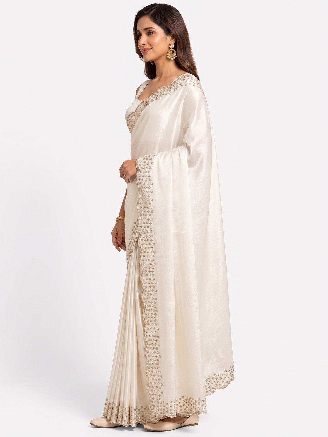 Peachmode Cream Fandy Satin Saree with Scalloped Cutwork Border - Image 6