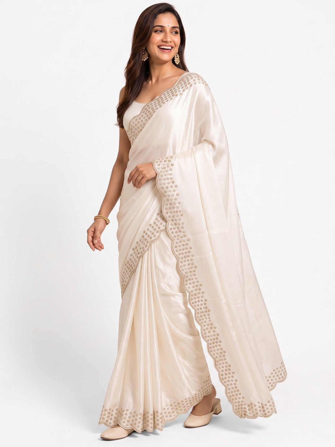 Peachmode Cream Fandy Satin Saree with Scalloped Cutwork Border - Image 7